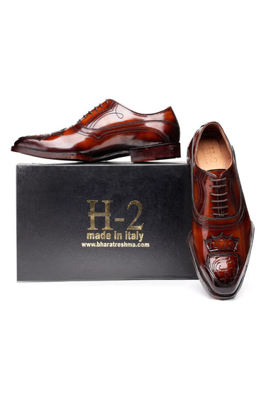 Brown Leather Oxford Shoes with Crest Patch Work - Bharat Reshma