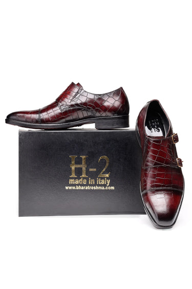 Leather Double Monk Shoes with Crocodile-Embossed Texture - Bharat Reshma