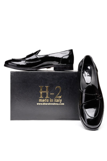 Black Patent Leather Cross-Strap Bit Loafers For Men - Bharat Reshma