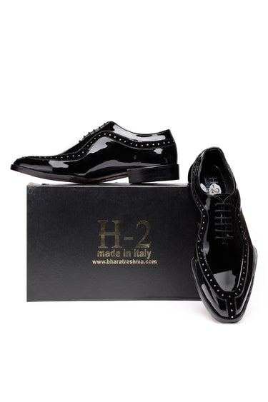 Black Patent Leather Oxford Shoes with Trim line & Stud Detailing - Bharat Reshma