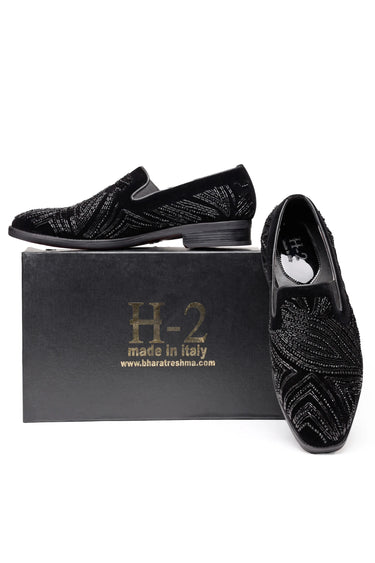 Black Velvet Hand-Embroidered Party Wear Loafers for Men - Bharat Reshma