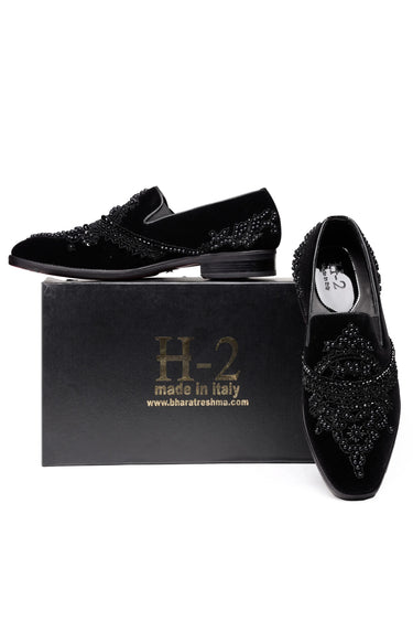 Elegant Velvet Loafers with Handmade Bead & Sequin Work - Bharat Reshma