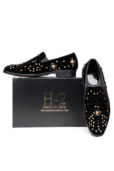 Black Velvet Loafers with Golden Studs & Moti Embellishments - Bharat Reshma
