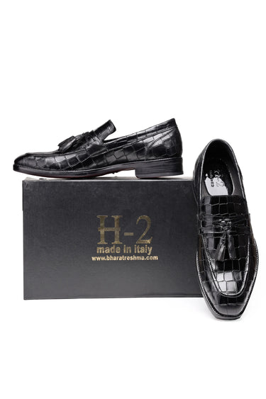 Black Leather Loafers with Croc-Pattern & Tassel Design - Bharat Reshma