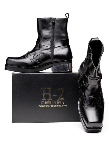 Black Pure Leather Fire-Design Boots with Metal Harness Detail - Bharat Reshma