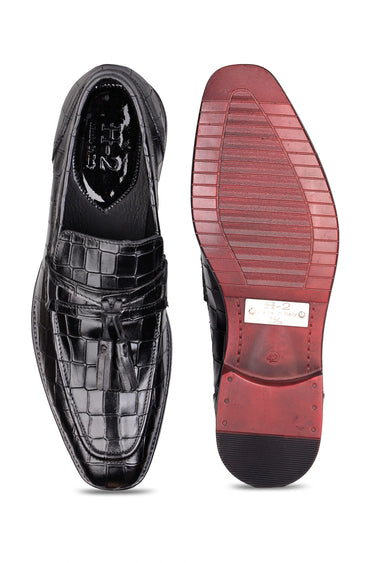 Black Leather Loafers with Croc-Pattern & Tassel Design - Bharat Reshma