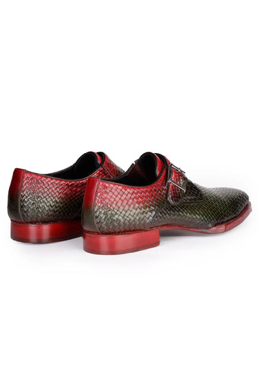 Two-Tone Red & Dark Green Python-Texture Leather Shoes - Bharat Reshma