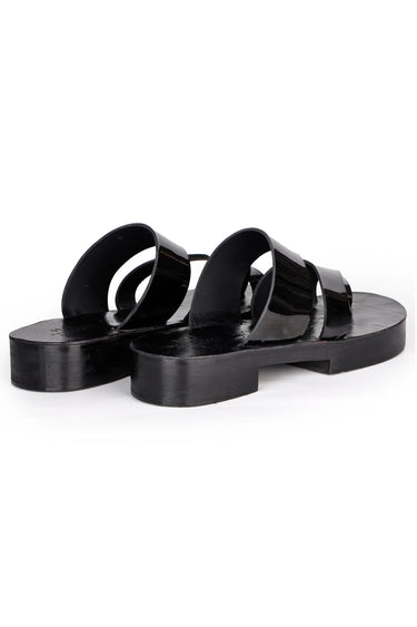 Black Glossy Leather Slippers with Heel - Bharat Reshma