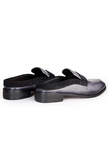 Grey Leather Mules with Black Velvet Strap Detailing - Bharat Reshma