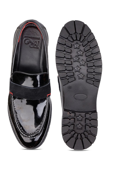Black Patent Leather Loafers with Velvet Strap Detailing - Bharat Reshma