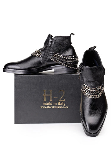 Pure Leather Ankle-Length Boots with Front & Back Chain Detailing - Bharat Reshma