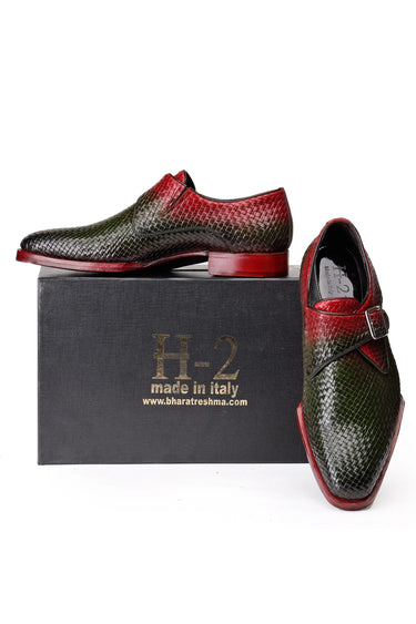 Two-Tone Red & Dark Green Python-Texture Leather Shoes - Bharat Reshma