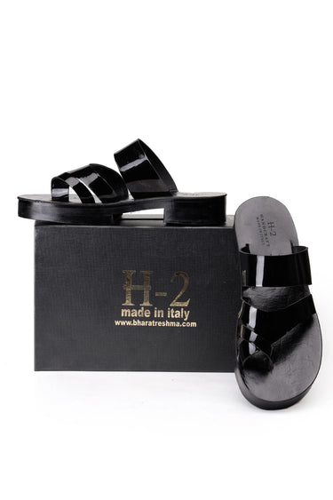 Black Glossy Leather Slippers with Heel - Bharat Reshma