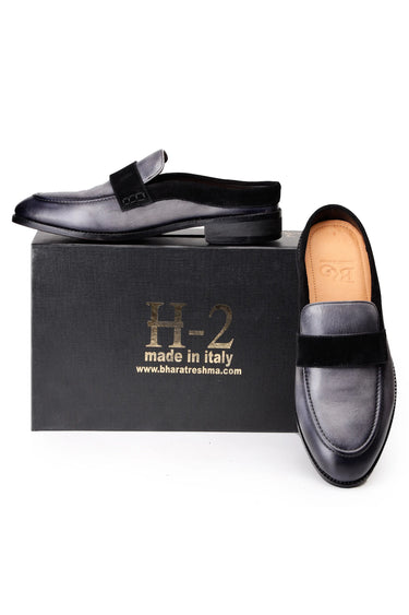 Grey Leather Mules with Black Velvet Strap Detailing - Bharat Reshma