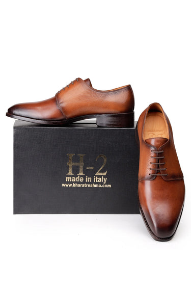 Pure Brown Derby Shoes with Dual-Tone Burnished Detailing - Bharat Reshma