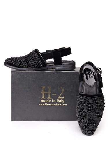 Black Velvet Low-Heel Sandals with Moti & Pearl Hand Embroidery - Bharat Reshma