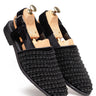 Black Velvet Low-Heel Sandals with Moti & Pearl Hand Embroidery - Bharat Reshma