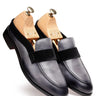 Grey Leather Mules with Black Velvet Strap Detailing - Bharat Reshma