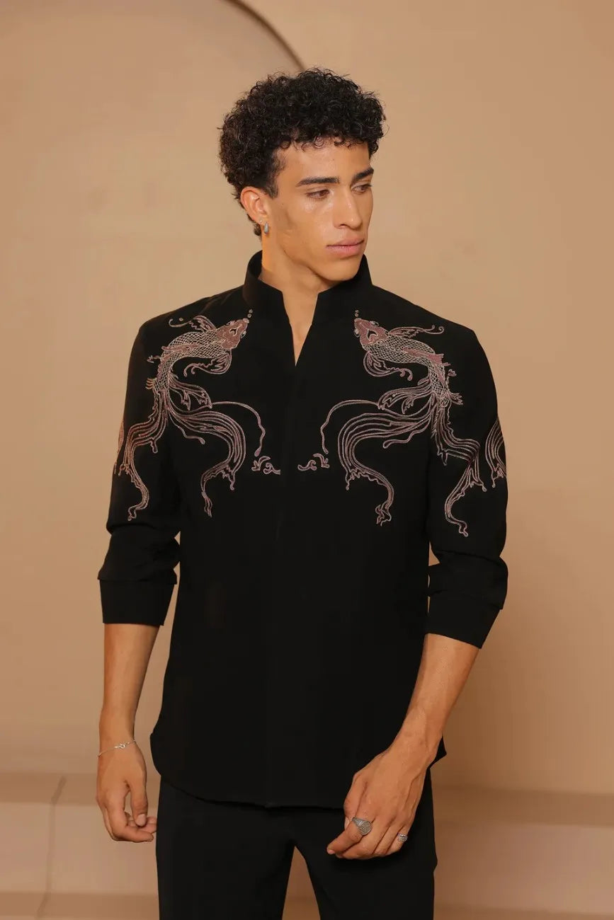 Black V collar fish motifs embroidered shirt