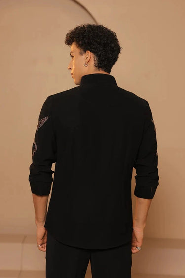 Black V Collar Fish Motifs Embroidered Shirt