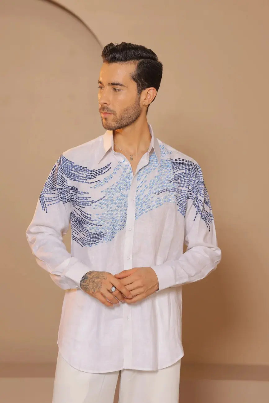 White Premium Linen thread embroidered shirt
