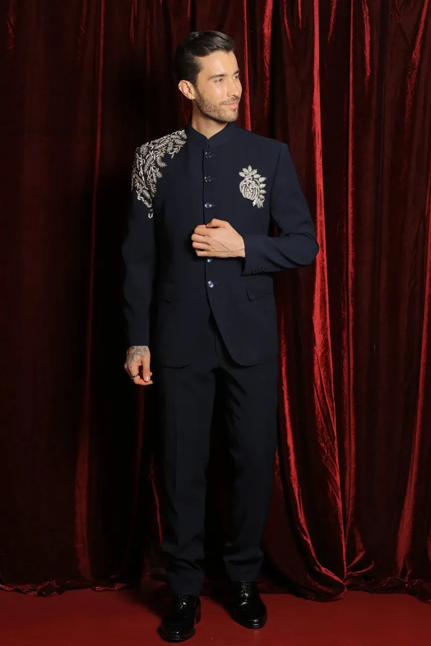 Navy blue crest bandhgala set