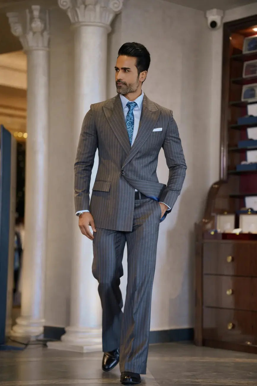 Gray Slim Fit Striped Wedding Formal Blazer Suits