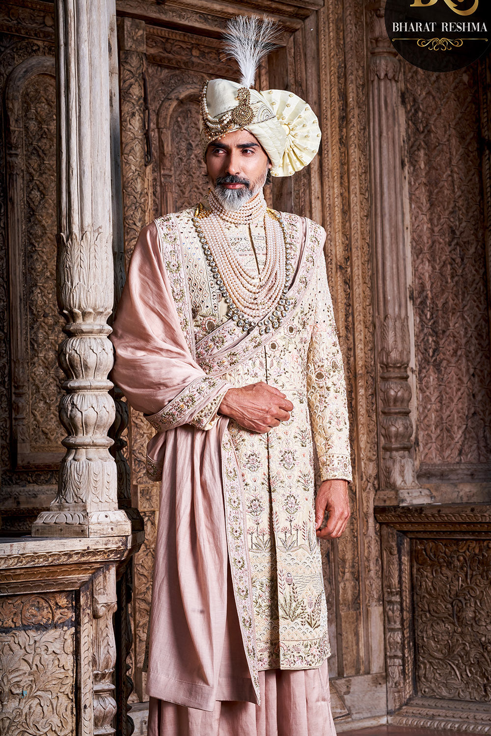 Designer Embroidered Peach Sherwani Set Men