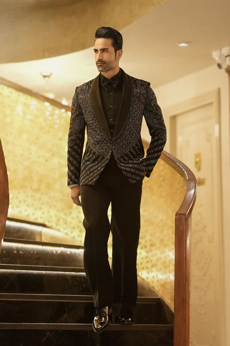 Men's Black Handcrafted Cut Work Tuxedo Suit