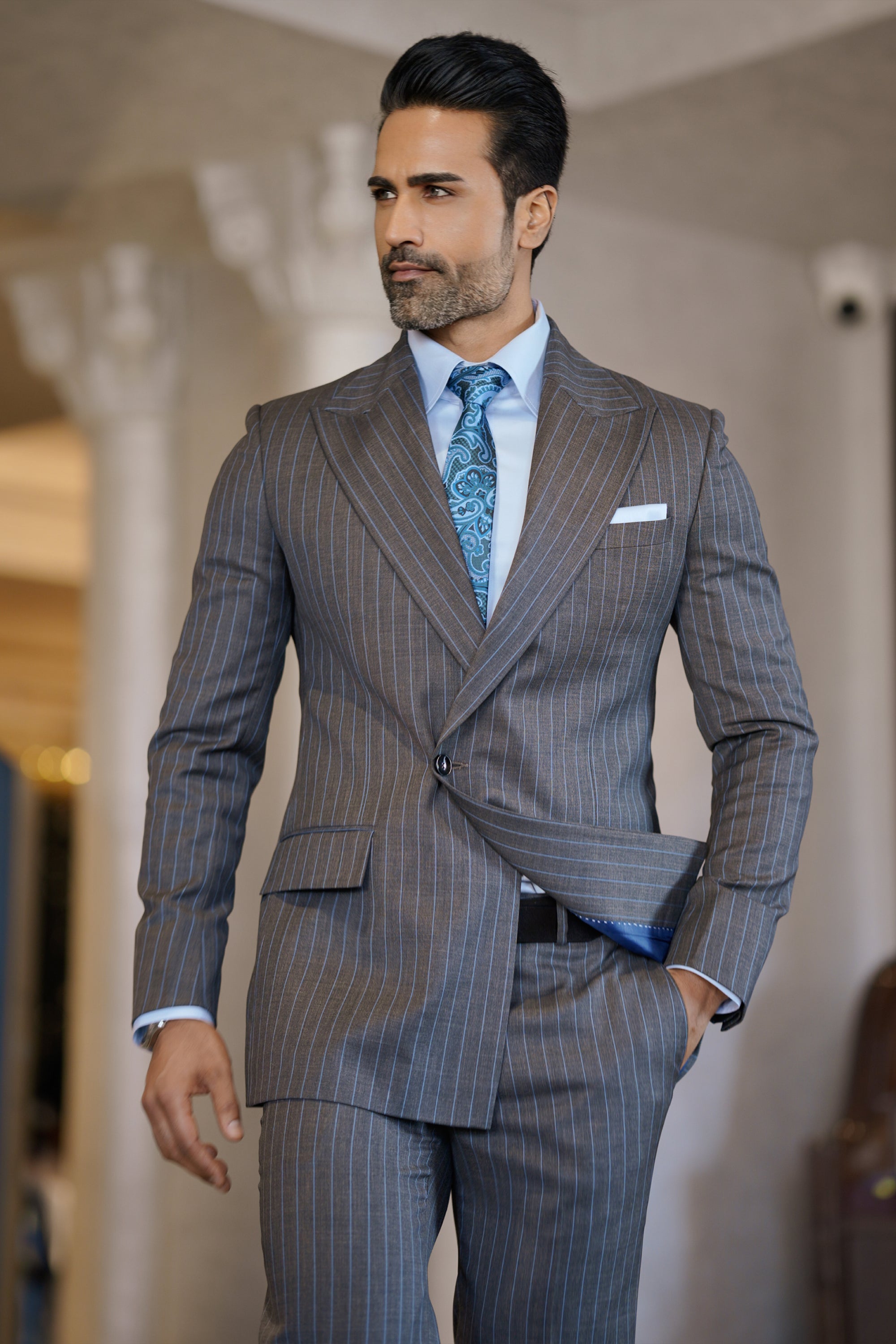 Gray Slim Fit Striped Wedding Formal Blazer Suits – Bharat Reshma