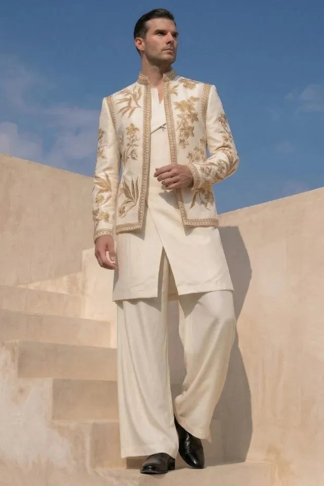 Ivory Zari Drape kurta, Bandhgala set