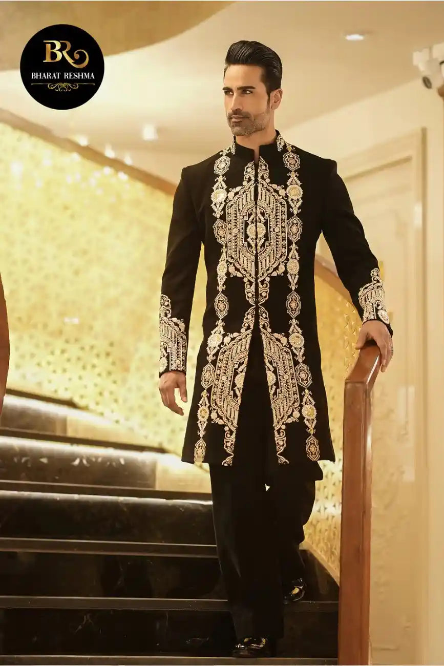 Black Front Open Embroidery Indo-Western