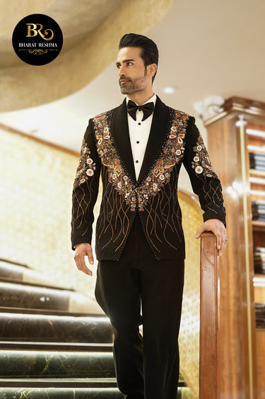 Black tuxedo with floral thread embellishment