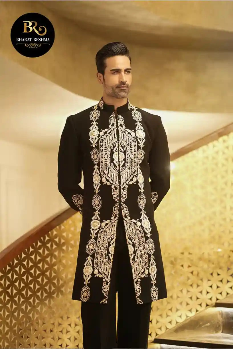 Black Front Open Embroidery Indo-Western
