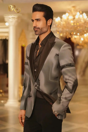 Gray Blazer embellished with Pearls Work