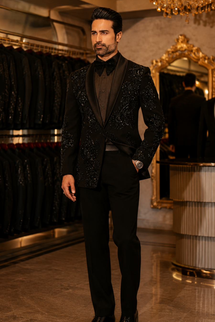 Designer Black Embroidered Tuxedo Suit