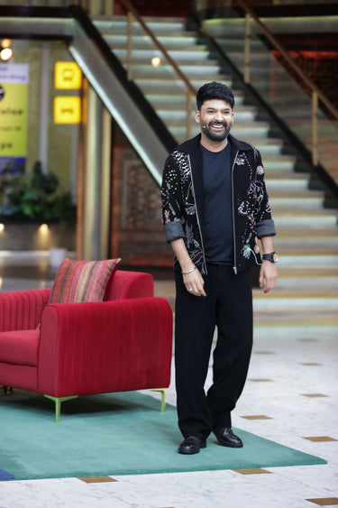 Kapil Sharma in Our Black Flora Fauna Jacket - Bharat Reshma
