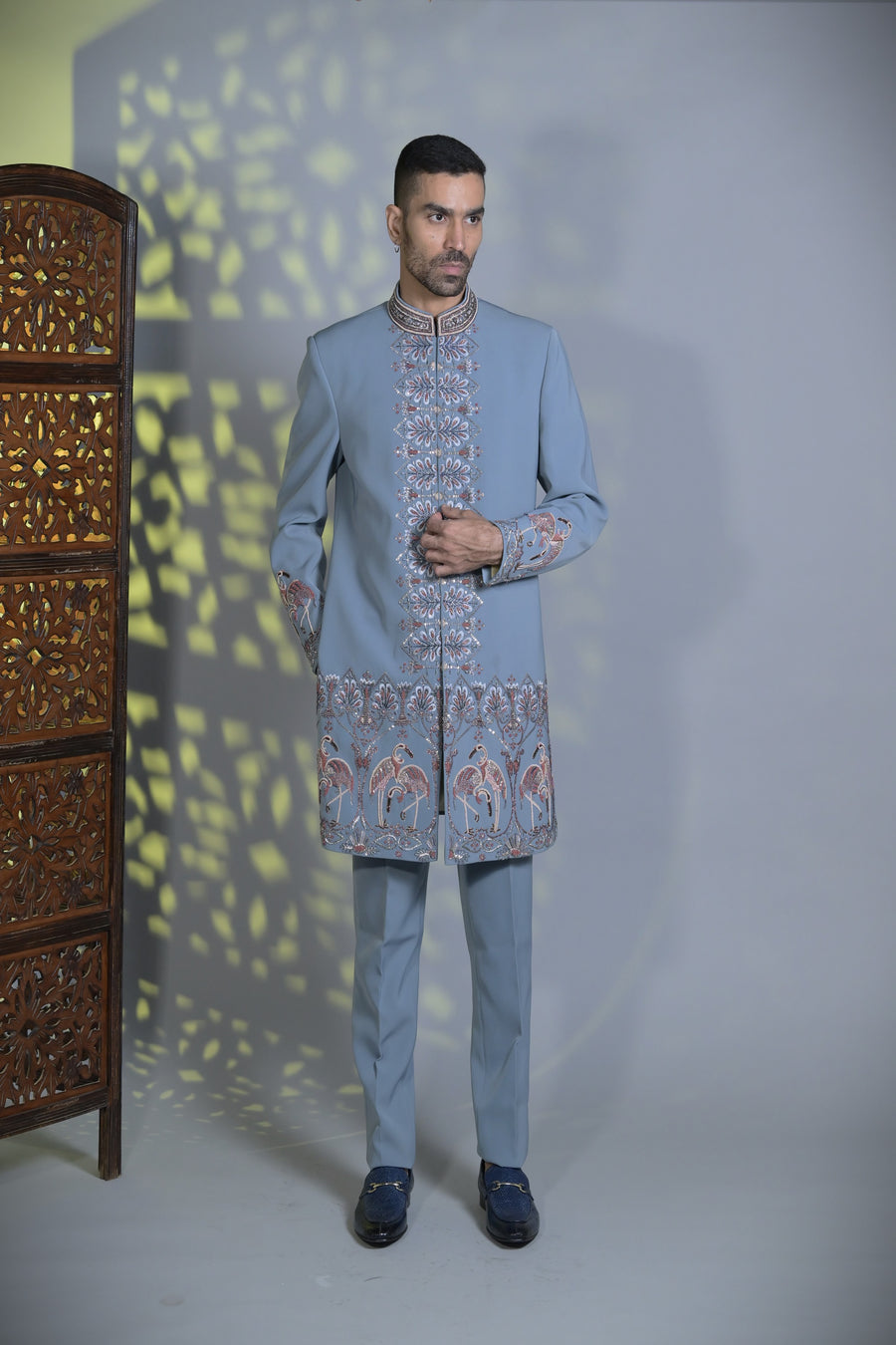 Designer Powder blue Indo-western with flamingo detailing