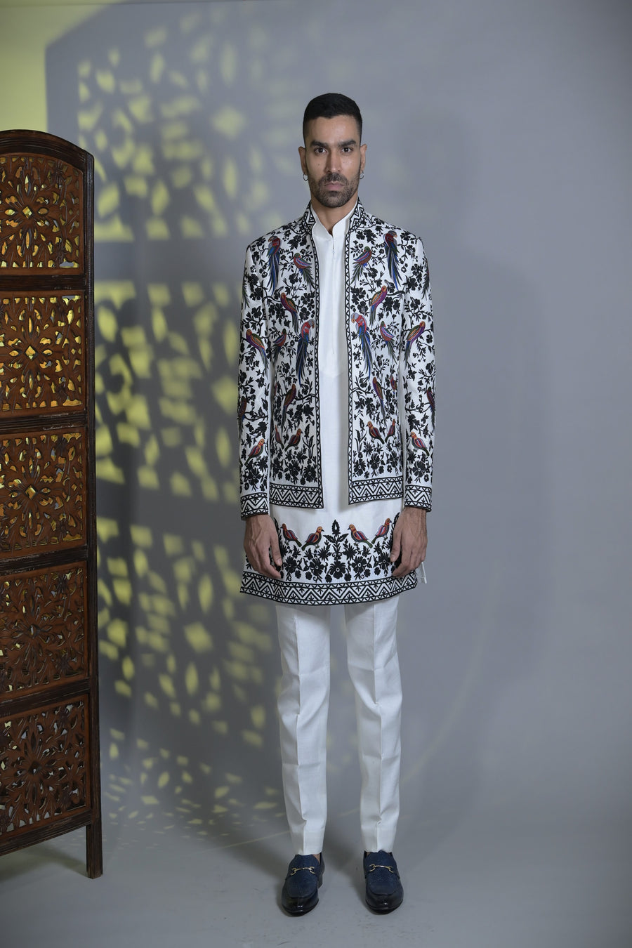 Designer White Indo-western with Bird & flower detailing