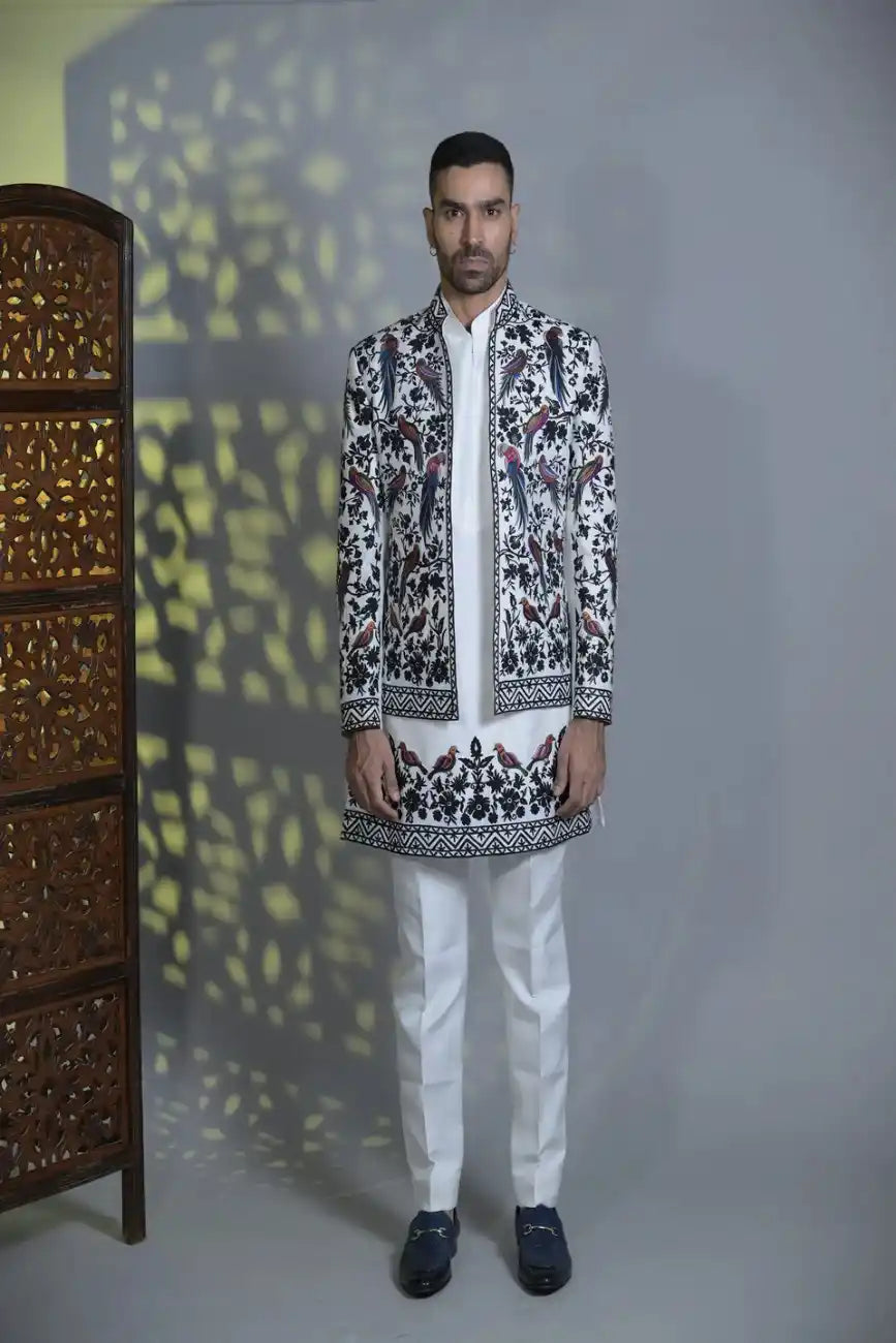 Designer White Indo-western with Bird & flower detailing