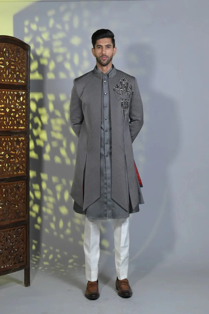 Designer Grey Front Open Embellished Detailed Indo-western