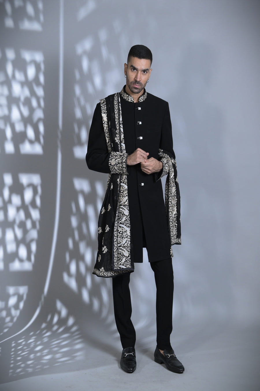 Designer Classic black achkan with embroided stole