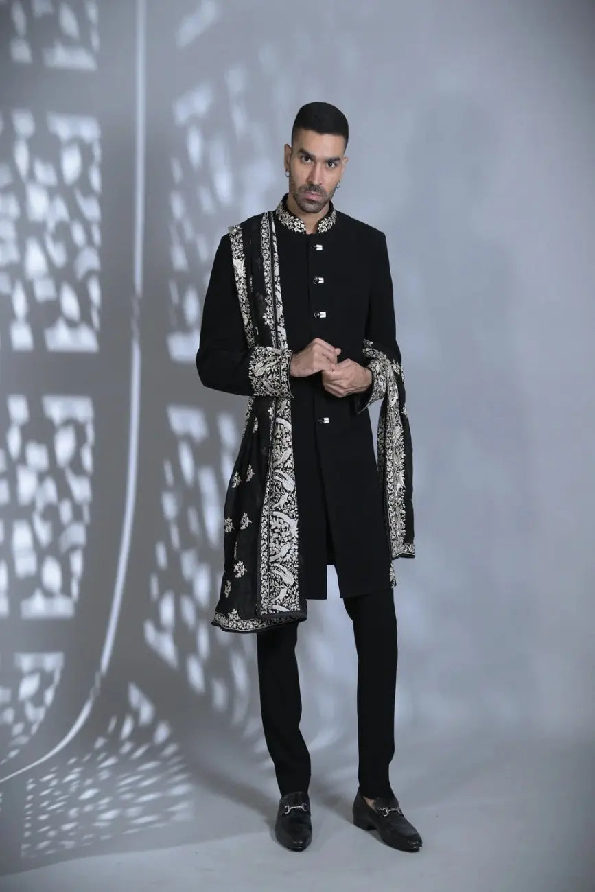 Designer Classic black achkan with embroided stole