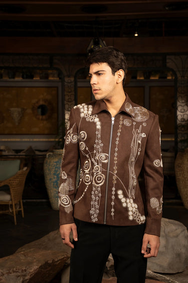 Brown, Grey Embroidered Jacket - Bharat Reshma
