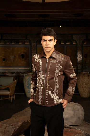 Brown, Grey Embroidered Jacket - Bharat Reshma