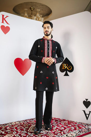 Lucky Card Black Kurta – Magna Fabric with Red & White Embroidery - Bharat Reshma