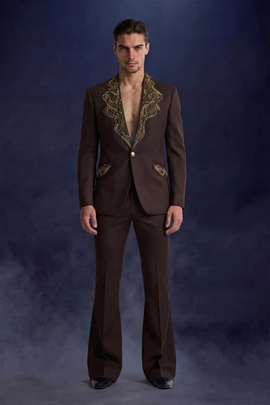 Designer Brown Hand Embroidered 2 Piece Suit