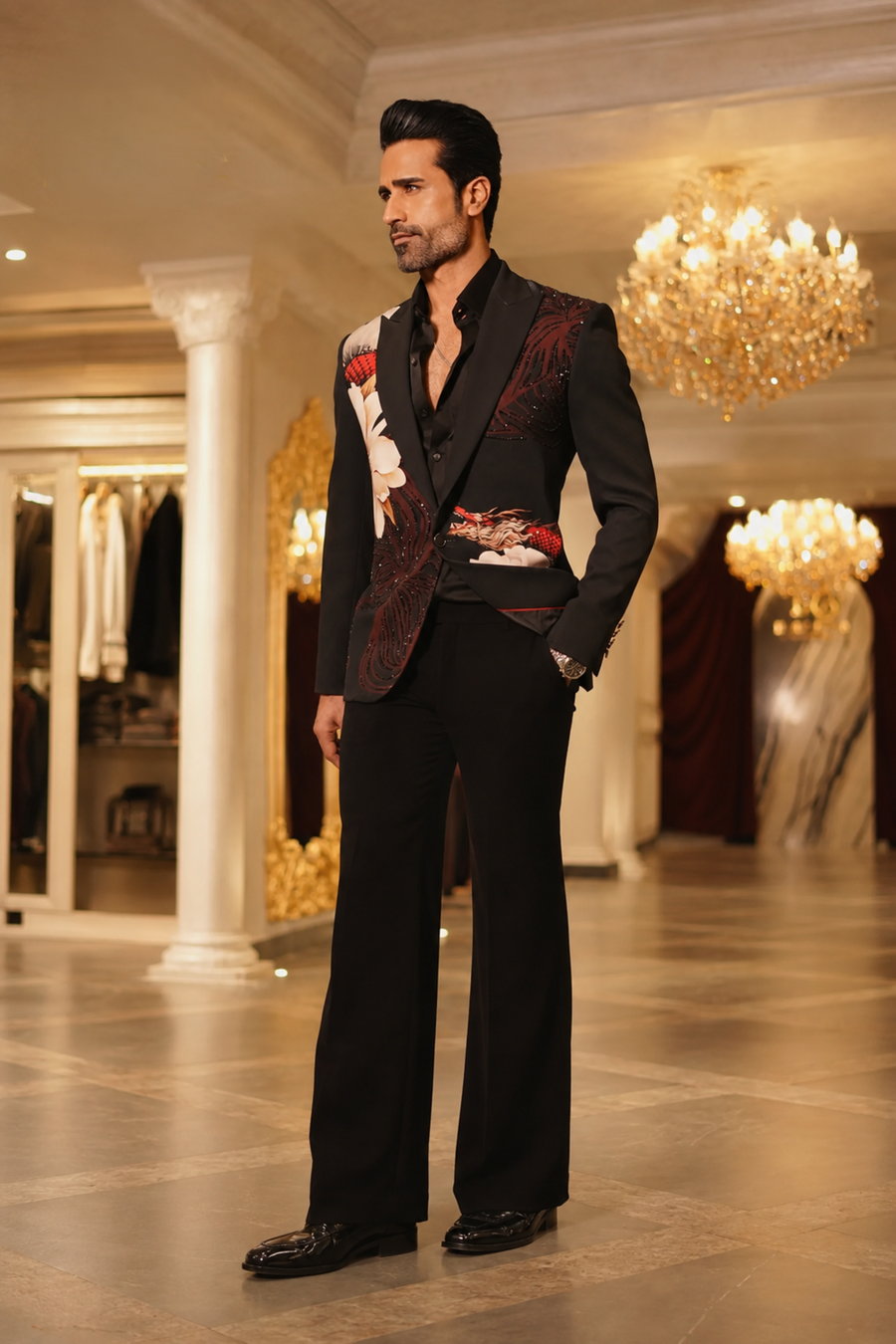 Men's Black Floral Printed Blazer