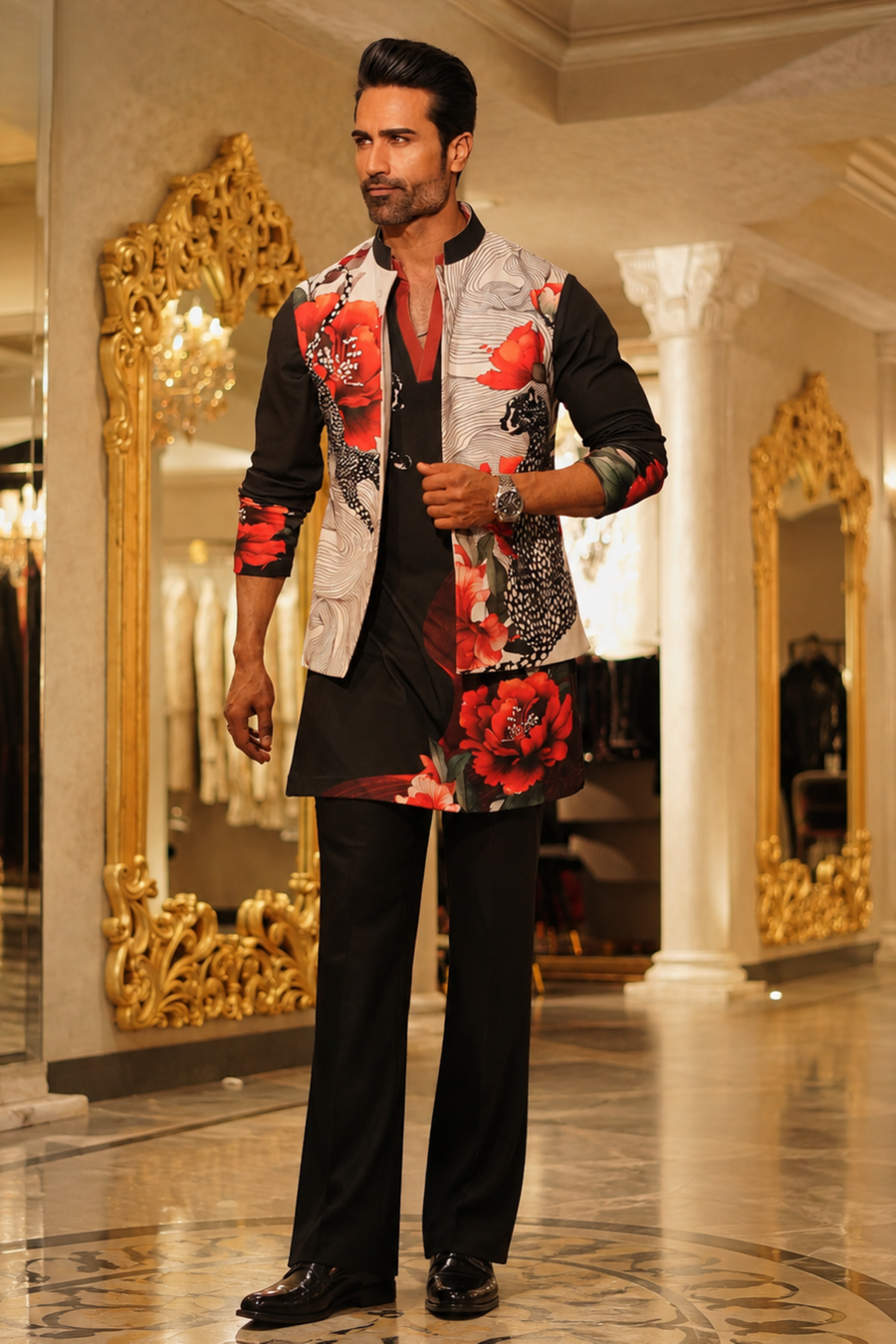 Black & white floral tiger Waistcoat kurta set