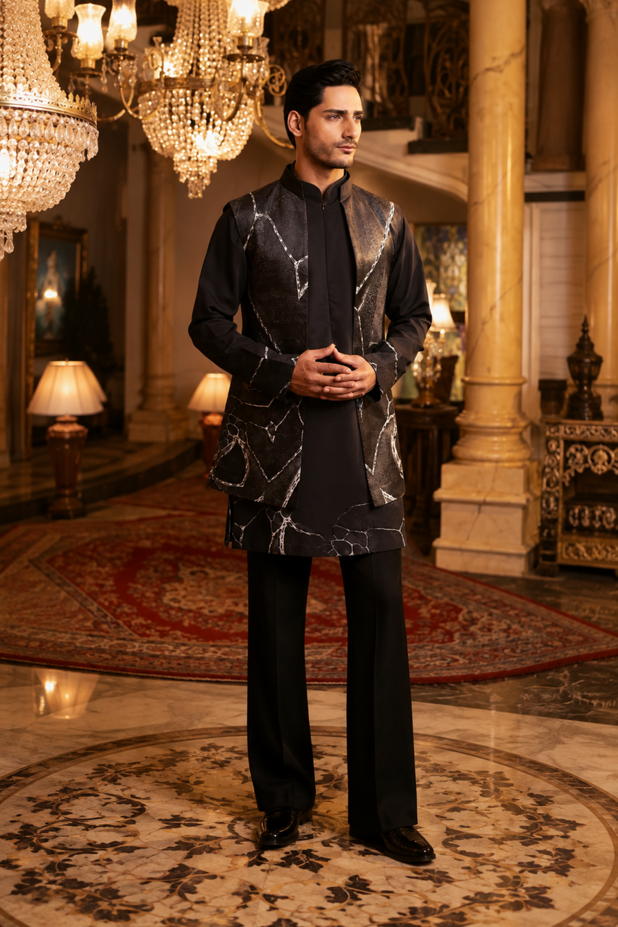 Men’s Black Satin Kurta Set with Digital Print & Hand Cut-Dana Embroidery